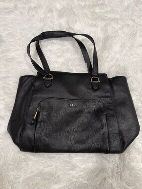 Lauren Ralph Lauren Black Pebbled Leather Tote with Front Zip Pocket